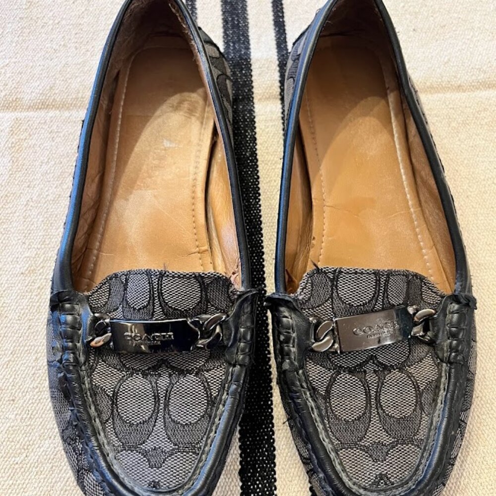 Coach Olive Black Gray Signature Logo Print Canvas Leather Loafer Size 7B